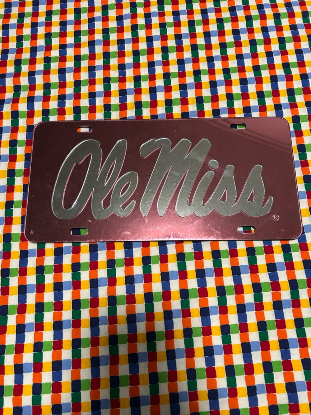 Ole Miss Script License Plate - Metallic Pink with Silver Script